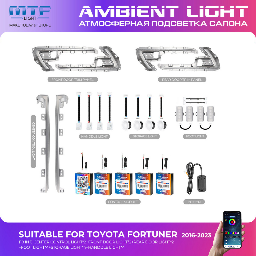 Набор светодиодной подсветки MTF LIGHT для Fortuner AN160 (2015-2022) (APP, Switch, голосовое управление), к-кт.