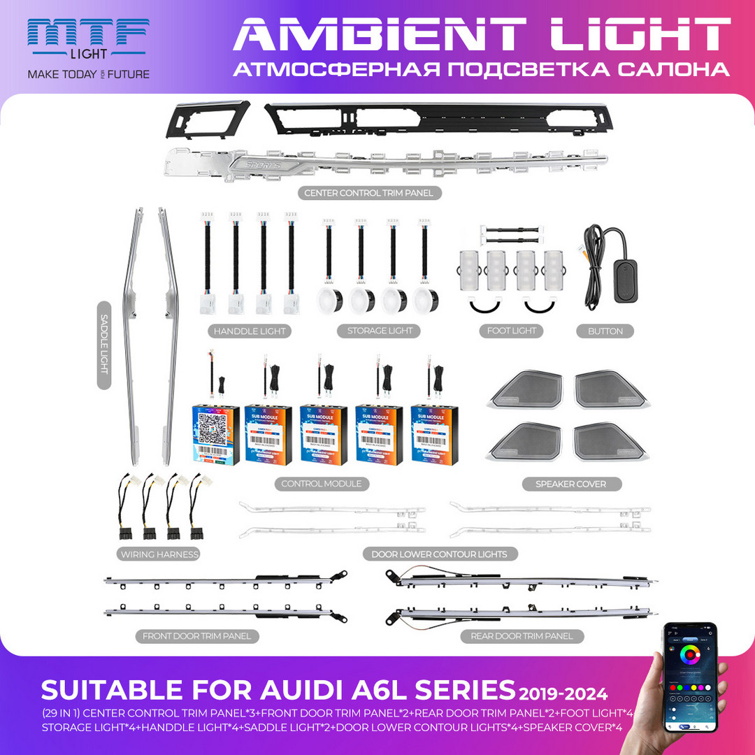 Набор светодиодной подсветки MTF LIGHT для AUDI A6L С8 (2019-2024) (APP, Switch, голосовое управление), к-кт.
