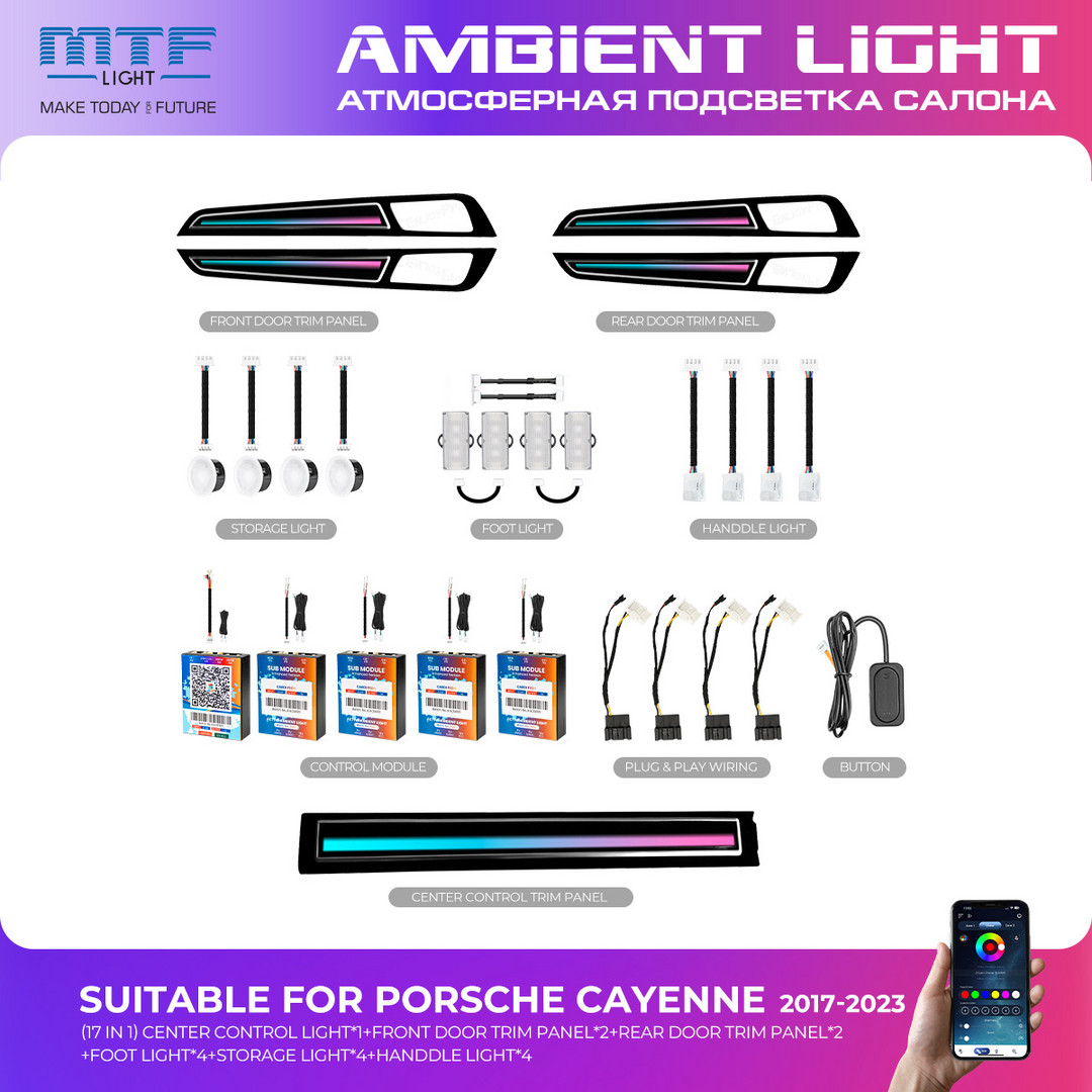 Набор светодиодной подсветки MTF LIGHT для Porsche Cayenne Dot-matrix Version (PO536)(2017-2022) (APP, Switch, голосовое управление), к-кт.